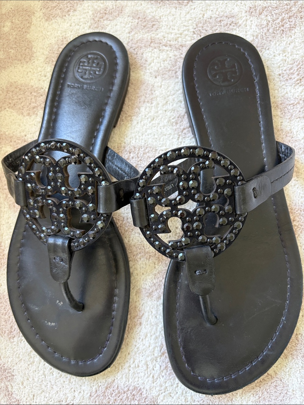 Tory Burch Black Crystal-Stud Logo Thong Sandals